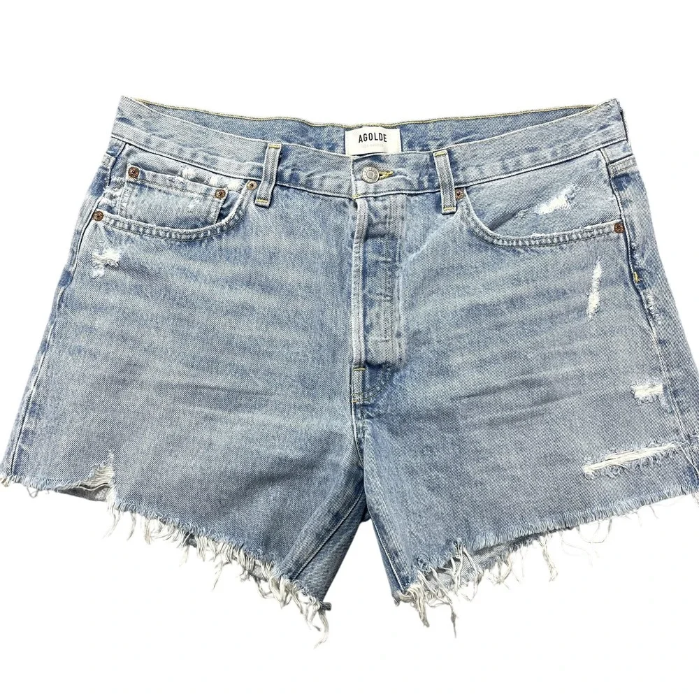 AGOLDE Parker Long Shorts Womens 32 Blue Denim Cutoff Frayed 4.5